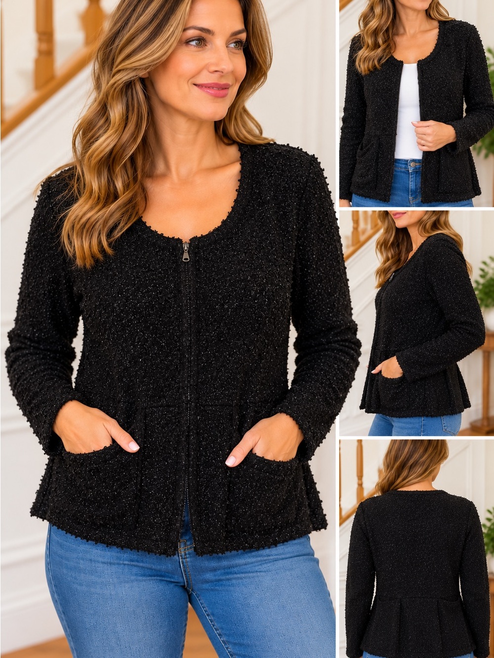 Max Jeans Black Bouclé Zip Peplum Jacket